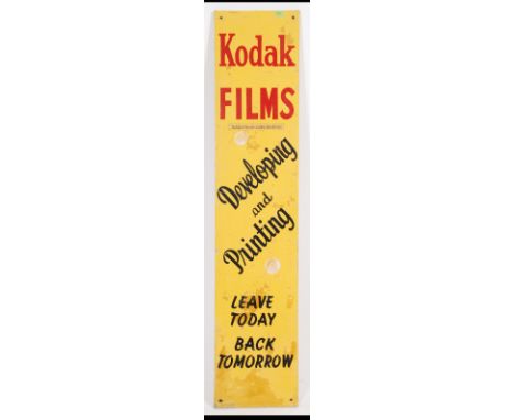 An original vintage / retro hand painted advertising sign for Kodak camera films. painted on a tall slim panel please see ima