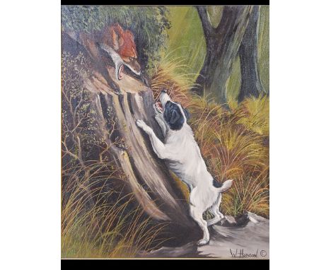 A stunning 20th century oil on board painting of a hunting scene depicting a fox terrier on hind legs and a Fox emerging from