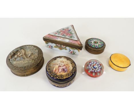 An early 20th Century yellow guilloche enamel and 925 silver pill pot,  diameter 4cm, together with an enamelled circular pot