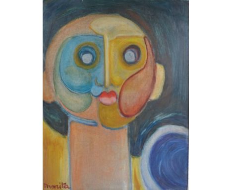 A 20th Century oil on board abstracted female portrait,  signed 'Manita' to lower left, framed, internal dimensions 61cm x 49