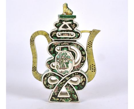 A 19th Century Chinese wine flask in the shape of the character shou,  painted with underglaze famille noir enamels on the bi