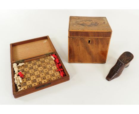 A mahogany rectangular section tea caddy with satinwood banding and shell motif,  12cm x 12cm x 9cm, together with a treen sn