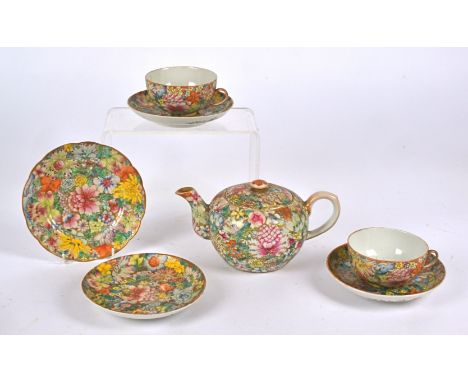 A Chinese Guangxu (1875-1908) part porcelain part tea set of millefiori design,  with polychrome enamelling and gilt reserve,