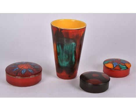 A Poole Pottery Gemstone design everted vase,   height 20cm, together with three Poole Pottery cylindrical pots, the largest 