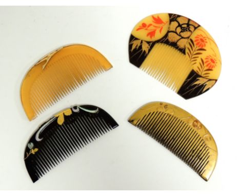 Four Japanese Meiji period Kushi Kanzashi hair combs, all of semi circular shape, three horn examples including one with all 
