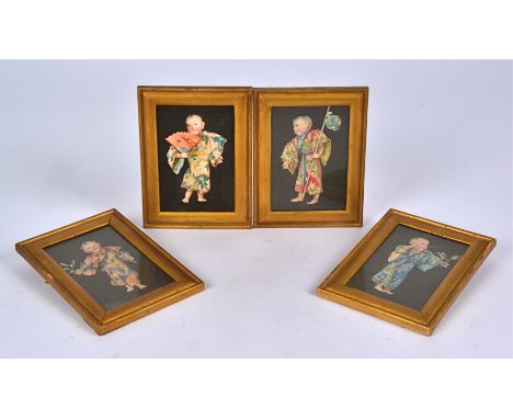 Four watercolour studies of young children in Asian attire,  each child holding an object, a fan, a flask, a sprig of holly a
