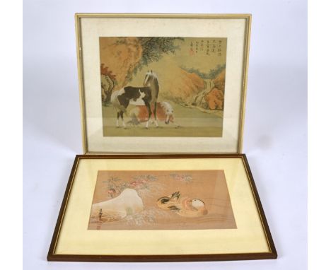 A Japanese watercolour on fabric of horses at rest beside a cascading stream,  calligraphic symbols to upper right, framed an