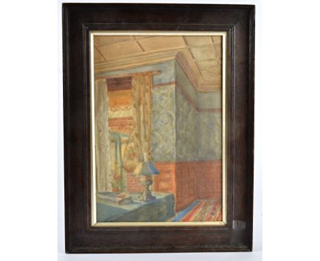 20th Century oil on canvas,   ceramic model of a Cavalier King Charles spaniel and lamp and flower planter, signed and dated 