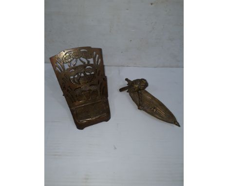 Edwardian Brass Desk Stands, a German Art Nouveau travelling example floral engraved with inkwell and folding letter three ti