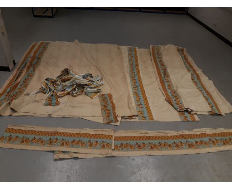 Vintage French Curtains, four pairs of curtains with gold and blue banded vine detail two pairs measuring 137cm wide x 237cm 