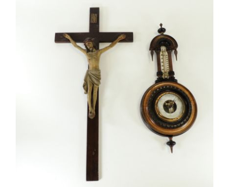 An early 20th Century banjo shaped barometer,  the verso with original retailer's label 'J.King Watch &amp; Clockmaker, South