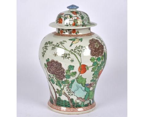 A Chinese 20th Century baluster vase and cover with overglaze wucai enamel of birds perching on branches,  height 41cm 