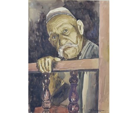 Abu Bakar Ibrahim (1925-1977) watercolour on paper,  portrait of an elderly gentleman looking over a railing, signed (lower r