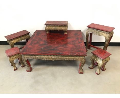 A vintage Indian coffee table and small tables, 80cm x 92cm, with three graduated stools or tables and two smaller examples, 