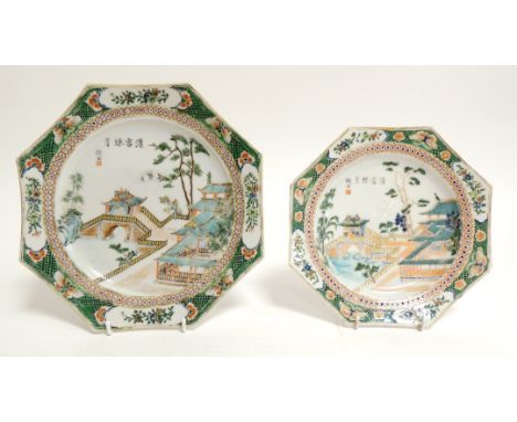 Two octagonal Chinese export ware plates,  probably 19th Century, with famille verte overglaze enamel decoration of a settlem