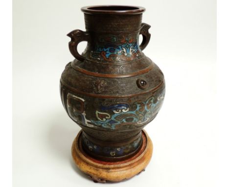 A 20th Century Chinese bronzed vase,  with various borders and cloisonné enamel work, the lowest border of enamelled encircli