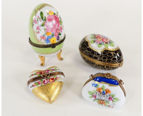 Four French enamel pill pots,  one taking the form of a purse on chain with decoration of a musical notes folio and instrumen