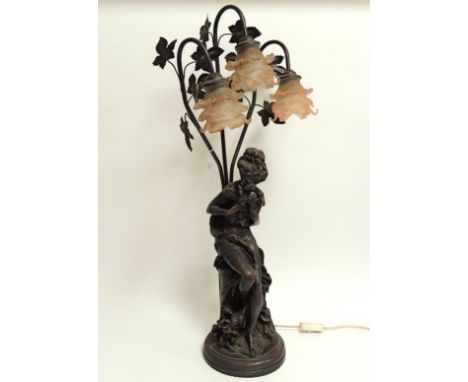 After Albert Ernest Carrier-Belleuse (1824-1887) a figural three branch lamp, depicting a beauty cradling birds, with three p