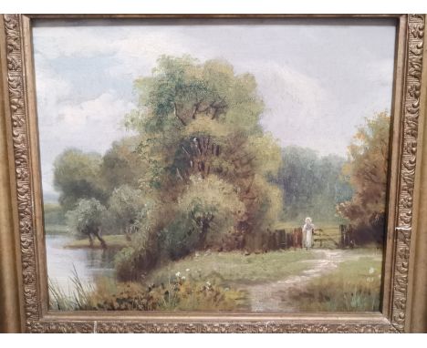 A 20th Century oil on board, a rural lakeside view with a woman passing through a gate, unsigned, framed, internal dimensions