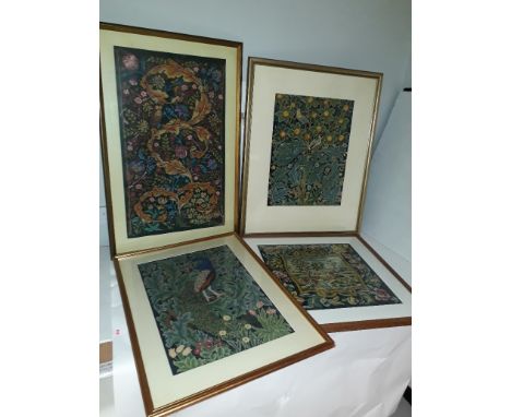 Framed Tapestry Panels, four framed and glazed panels three floral examples each with birds and another depicting a country s