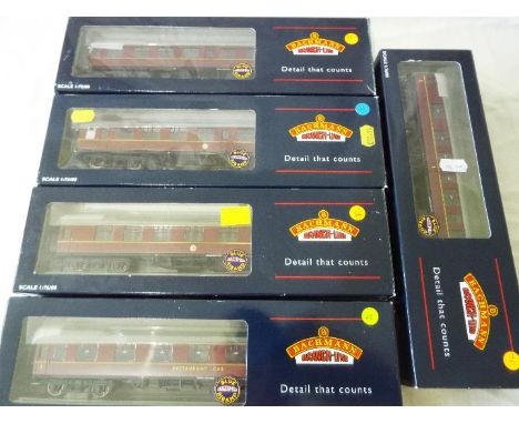 Bachmann Blue Riband - five OO gauge Mark 1 maroon corridor coaches (various) all appear mint in m or nm window boxes with in