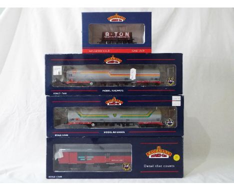 Bachmann - four OO gauge wagons comprising two off 100 ton bogie tank wagons (Blue Riband), # 38-110 and 38-112, 5 plank 8 to