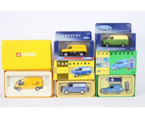 Vanguards - 5 Ford van models including Anglia RAC # VA00413, Transit in Bazooka Gum livery # VA00623, Transit JCB van in 1:5