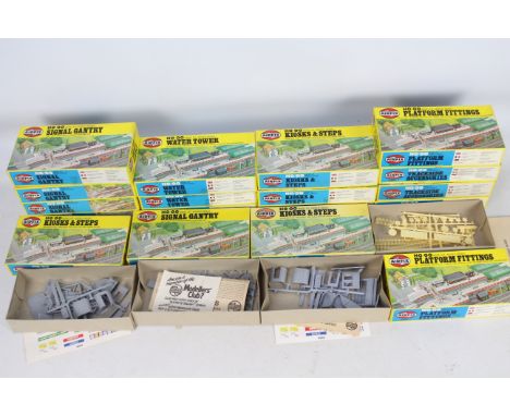 Airfix - 18 boxed OO gauge accessory model kits, 3 sets of Platform Fittings # 03607-4, 3 Water Towers # 03605-8, 6 Kiosks &a