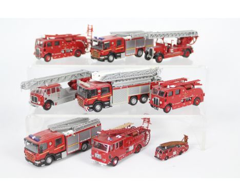 Oxford - 9 unboxed model Fire Engines mostly in 1:76 scale including Scania in Merseyside Fire &amp; Rescue Service livery, A