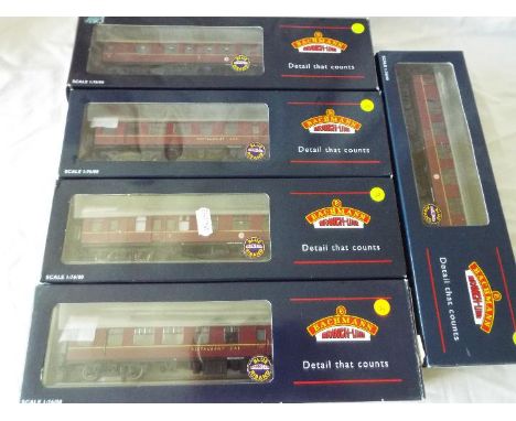 Bachmann Blue Riband - five OO gauge Mark 1 maroon corridor coaches (various) all appear mint in m or nm window boxes with in