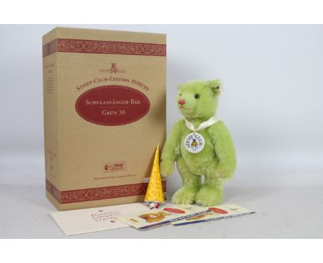 Steiff School Starter Bear Green 30 1998/1999 - A 30cm bear in green mohair with five joints, stitched nose and claws and a f