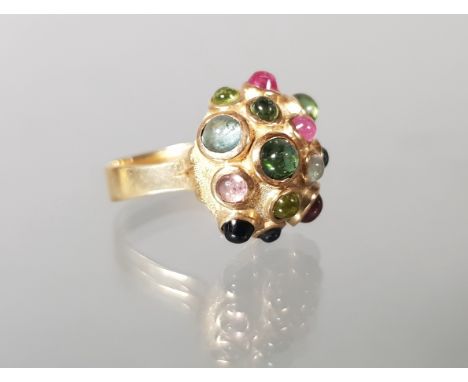 Ring, Design 1970er Jahre, GG 585, verschiedenfarbige Turmalin-Cabochons, 7 g, RM 16