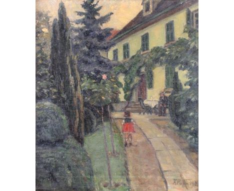 Ruff, Konrad (1895 Hechtingen - 1945), wohl,"Vor dem Haus", Öl auf Leinwand, signiert und datiert unten rechts K. Ruff 1921, 