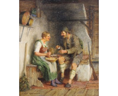 Hermann, Adolf (19./20. Jh.),"In der Stube", Öl auf Holz, signiert unten links Adolf Hermann (nachgezogen), 15 x 13 cm, verso