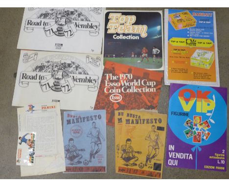 Football trade publicity issues, inc. Panini, Barratt, The Sun, ESSO; cardboard display, promo stickers, envelopes etc., 1960