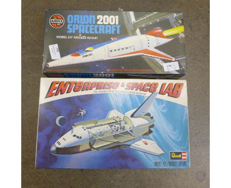 A vintage Airfix Orion 2001 Spacecraft series 5 05171-6 and a Revell Enterprise and Space Lab H-200 model kit 