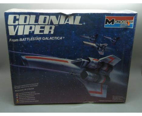 Two Monogram Battlestar Galactica model kits, Colonial Viper and Cylon Raider, boxed and sealed 