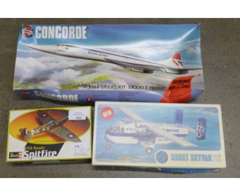 Airfix and Revell model kits, Airfix Concorde 06175-1 series 6, Short Skyvan 04018-3 and Revell Spitfire H50 box (few content
