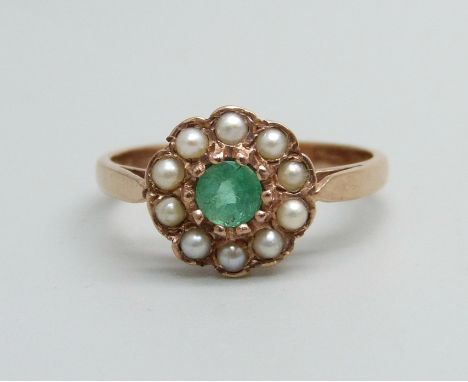 A 9ct gold emerald and pearl cluster ring, 2.1g, L 
