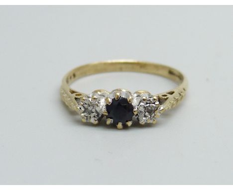 A 9ct gold sapphire and diamond ring, 1.3g, K 