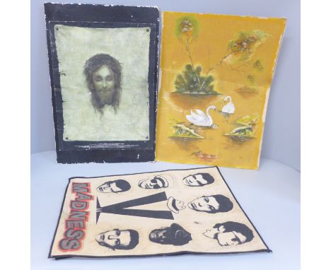 Two Mod biker jacket patches - Madness x 2, together with a picture of Jesus Christ - 'St. Veronica's Handkerchief' 