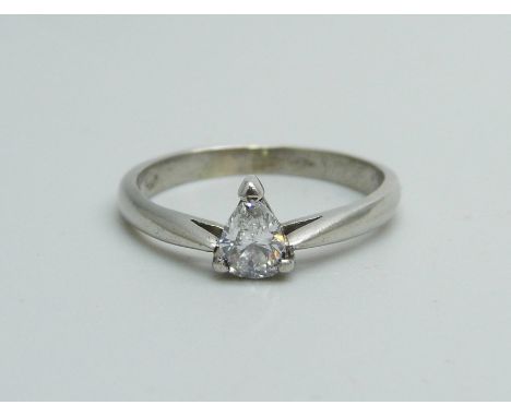 A platinum set pear shaped diamond solitaire ring, 3.3g, M 