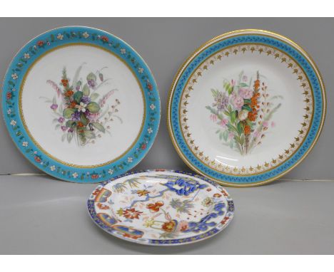 Two Royal Worcester hand painted cabinet plates, 23cm and a Minton Imari design plate, all 19th Century 