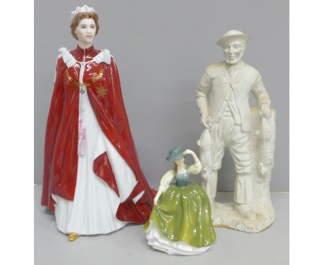 Three figures, Coalport The Poacher, Royal Doulton Buttercup and Royal Worcester Queen Elizabeth II in celebration of her 80t
