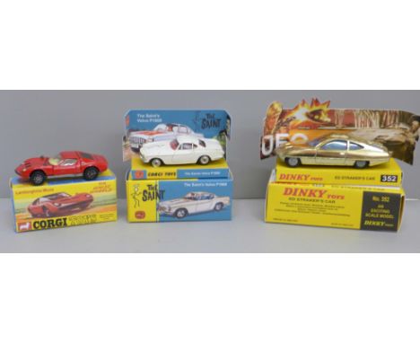 Three model vehicles, Corgi Toys The Saint's Volvo P1800 and Lamborghini Miura and a Dinky Toys 352 Ed Straker's car, UFO, S.