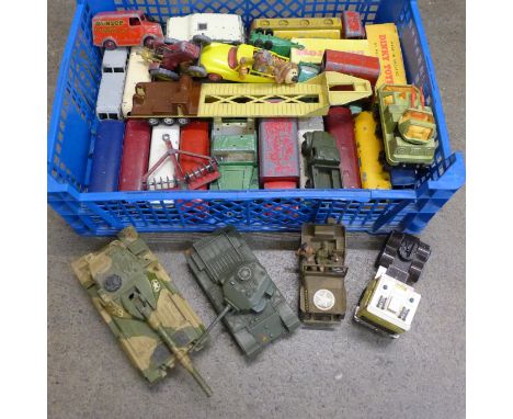 Dinky and other die-cast model vehicles, Centurion and Chieftan tanks, 412 Austin wagon, etc., playworn 