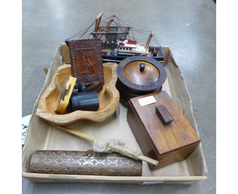 Two wooden tea caddies (one with original liner), a model ship, a collection of 20th Century treen, a leather wallet, brass b