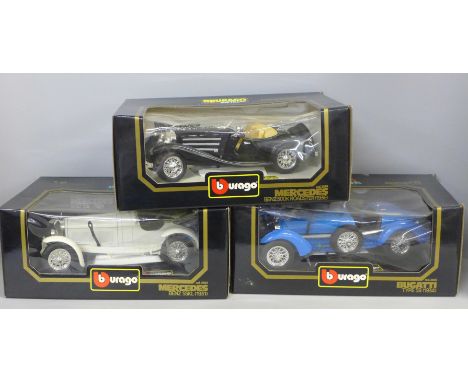 Three Burago 1/18 scale model vehicles, 2x Mercedes and Bugatti 