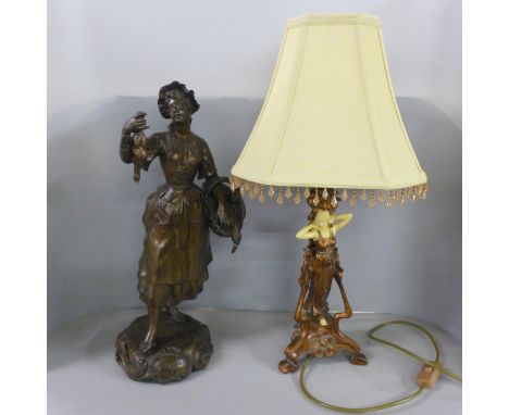 A spelter figure, Marchande de Volailles and a figural Art Noveau style table lamp 