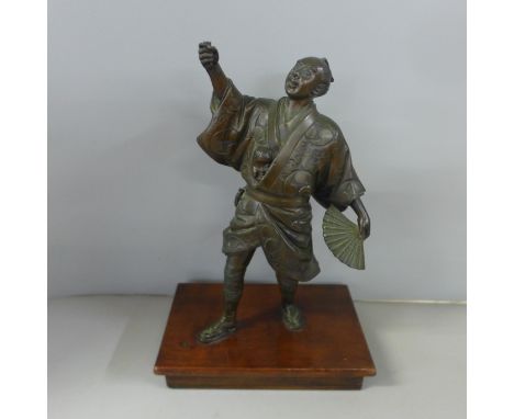 A Japanese bronze Okimono, Meiji period 1868-1912, piece missing from outstretched hand, on a rosewood base, 28cm 